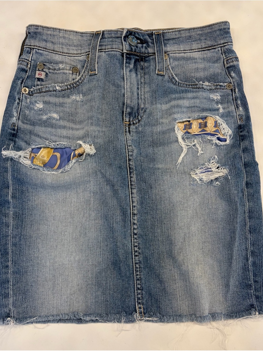 Ag Adriano Goldschmied Distressed Blue Denim Skirt with Patch Detail